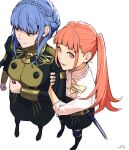  2girls arm_hug bangs black_dress black_footwear black_skirt blunt_bangs boots braid breasts brown_eyes buttons closed_mouth crown_braid double-breasted dress expressionless fire_emblem fire_emblem:_three_houses from_above full_body garreg_mach_monastery_uniform gold_trim high-waist_skirt highres hilda_valentine_goneril light_blue_hair long_hair looking_at_viewer looking_away looking_to_the_side marianne_von_edmund medium_breasts medium_hair multiple_girls neckerchief parted_lips pink_eyes pink_hair scabbard sheath sheathed shirt shirt_tucked_in shishima_eichi sidelocks signature simple_background skirt sleeves_rolled_up smile standing sword twintails weapon white_background white_neckerchief white_shirt 