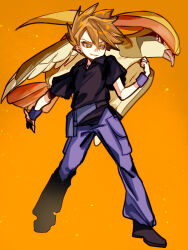  1boy absurdres black_shirt black_shoes blue_oak brown_eyes brown_hair clenched_hand closed_mouth collared_shirt commentary_request full_body godouyu_(neisukun) hair_between_eyes highres male_focus open_collar orange_background outstretched_arm pants pidgeot pokemon pokemon_(creature) pokemon_frlg purple_pants shirt shoes short_sleeves smile spiky_hair wing_collar wristband 