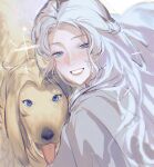  1girl 29533478 argos_(ff14) blue_eyes blush chinese_commentary commentary_request dog final_fantasy final_fantasy_xiv grin half-closed_eyes highres long_hair looking_at_viewer portrait smile sparkle star_(symbol) tongue tongue_out venat_(ff14) white_background white_hair 