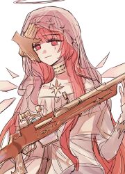  1girl ambience_synesthesia arknights closed_mouth commentary detached_wings disembodied_hand dress gold_collar gun halo highres holding holding_gun holding_weapon lemuen_(arknights) lemuen_carrot long_hair looking_at_viewer official_alternate_costume pink_eyes pink_hair rifle smile solo untranslatable_commentary upper_body veil weapon white_background white_dress white_veil wings 