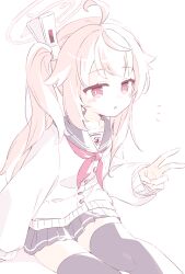  1girl :o ahoge black_sailor_collar black_skirt black_thighhighs blue_archive blush buttons cardigan collarbone commentary_request feet_out_of_frame genjitsutouhi-kun hair_ornament halo highres long_hair long_sleeves miniskirt natsu_(blue_archive) neckerchief open_mouth pink_hair pink_halo pleated_skirt red_eyes red_neckerchief sailor_collar school_uniform serafuku side_ponytail simple_background sitting skirt solo thigh-highs trinity_general_school_logo v white_background white_cardigan zettai_ryouiki 