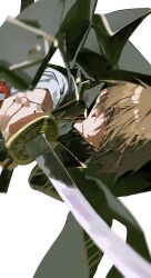  1boy absurdres arm_guards black_bow black_scarf bow brown_hair commentary_request gintama highres holding holding_sword holding_weapon japanese_clothes katana male_focus mura_karuki okita_sougo red_eyes scarf shinsengumi shinsengumi_(fate) solo sword weapon 