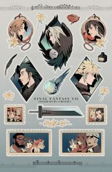  6+boys absurdres black_hair blonde_hair buster_sword cat character_request cheseely commentary copyright_name dark-skinned_male dark_skin english_commentary final_fantasy final_fantasy_vii flower goggles goggles_on_head grey_hair highres long_hair meteor multiple_boys portrait quill sephiroth sheet_music short_hair single_shoulder_pad sticker_(medium) wax_seal 
