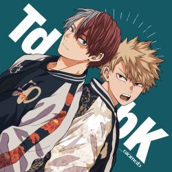  2boys back-to-back bakugou_katsuki blue_background boku_no_hero_academia burn_scar closed_mouth commentary_request double-parted_bangs dutch_angle hair_behind_ear hair_between_eyes highres jacket long_sleeves looking_back male_focus multiple_boys open_mouth salt_-_siomsb scar scar_on_face sideways_glance smile sukajan teeth todoroki_shoto twitter_username uneven_eyes 