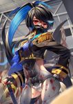 1girl absurdres armor black_gloves black_hair blood blood_on_clothes blood_on_face blood_on_hands blood_on_leg blue_capelet blue_gemstone blue_hair capelet colored_sclera contrapposto death facial_tattoo fingerless_gloves gas_mask gem gloves hand_on_hilt hand_on_hip highres holding holding_sword holding_weapon indoors long_hair looking_at_viewer mask monster multicolored_hair original red_eyes shiro3necro sword tattoo two-tone_hair very_long_hair weapon wide_sleeves yellow_sclera 