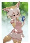  1girl :3 animal_ears blonde_hair blush bow bowtie brown_eyes cowboy_shot eating elbow_gloves extra_ears fennec_(kemono_friends) food fox_ears fox_girl fox_tail fur_trim gloves hoshino_mitsuki japari_bun japari_symbol kemono_friends kemono_friends_3 multicolored_hair open_mouth pink_sweater_vest pleated_skirt puffy_short_sleeves puffy_sleeves short_hair short_sleeves skirt solo sweater_vest tail thigh-highs white_hair white_skirt yellow_bow yellow_bowtie yellow_gloves yellow_legwear zettai_ryouiki 