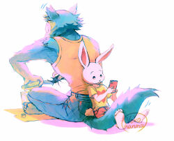  1boy 1girl animal_ears artist_name back-to-back barefoot beastars blue_pants cellphone closed_mouth denim furry furry_female furry_male haru_(beastars) heart heart_print holding holding_phone indian_style jeans legoshi looking_at_phone nekosoul orange_tank_top pants phone print_shirt rabbit_ears rabbit_girl rabbit_tail red_shorts shirt shorts sitting smartphone smile t-shirt tail tank_top white_background wolf_boy wolf_ears wolf_tail yellow_shirt 
