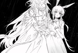  19680824 2girls aged_down amiya_(arknights) amiya_(young)_(arknights) animal_ears arknights black_background chinese_commentary closed_mouth collar commentary_request dress eyes_out_of_frame greyscale head_out_of_frame highres jewelry long_hair long_sleeves monochrome multiple_girls multiple_rings parted_lips rabbit_ears rabbit_girl ribbon ring ring_on_every_finger sleeveless sleeveless_dress smile standing theresa_(arknights) very_long_hair 