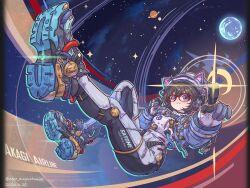  1girl absurdres black_bodysuit blue_jacket bodysuit brown_hair chill_with_you:_lo-fi_story commentary_request cropped_jacket earth_(planet) full_body glasses helmet highres jacket multicolored_bodysuit nero_augustus parted_lips planet planetary_ring pointing pointing_at_viewer satone_(chill_with_you) saturn_(planet) shoes short_hair sneakers solo space_helmet spacesuit star_(sky) tube two-tone_bodysuit violet_eyes white_bodysuit 