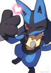  1other closed_mouth commentary_request furry heart highres lucario nako_(nekono_shippo75) one_eye_closed pokemon pokemon_(creature) red_eyes smile solo spikes standing twitter_username white_background yellow_fur 