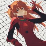  1girl bangs blue_eyes bodysuit bubble_blowing chain-link_fence chewing_gum cowboy_shot feishui_chizi fence hairpods hand_up leaning_back long_hair looking_at_viewer neon_genesis_evangelion orange_hair plugsuit red_bodysuit solo souryuu_asuka_langley two_side_up white_background 