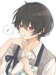  1boy :q apron black_hair checkered_apron checkered_clothes commentary_request eighth_note ensemble_stars! grey_vest hair_between_eyes highres holding holding_pastry_bag licking licking_finger licking_lips light_blush male_focus musical_note nita_(02ta_o) pastry_bag red_eyes sakuma_ritsu shirt short_hair simple_background sleeves_rolled_up solo speech_bubble spoken_musical_note tongue tongue_out upper_body vest white_background white_shirt 