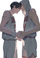  2boys bare_shoulders basketball_jersey basketball_uniform brown_eyes brown_hair closed_mouth commentary forehead-to-forehead glasses heads_together highres holding_hands kogure_kiminobu male_focus mitsui_hisashi multiple_boys short_hair shorts simple_background slam_dunk_(series) sportswear sweat toned toned_male towel towel_on_head white_background white_shorts wristband ykim01989882 