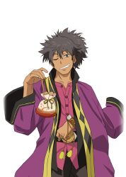  1boy arm_out_of_sleeve artist_request bag belt black_belt black_hair black_pants coat commentary cowboy_shot dark_skin english_commentary facial_hair game_cg green_eyes holding holding_bag long_hair looking_at_viewer official_art pants pink_shirt ponytail purple_coat raven_(tales) sheath sheathed shirt short_sword simple_background smile solo standing sword tales_of_(series) tales_of_asteria tales_of_vesperia teeth third-party_source transparent_background weapon 
