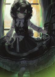  1girl absurdres black_gloves black_hair black_shoes black_skirt black_vest bloomers bookshelf bow bowtie buttons chinese_commentary colored_tongue commentary_request curtains double-parted_bangs eyebrows_hidden_by_hair fangs feet_out_of_frame frilled_sleeves frills glint gloves green_eyes green_tongue grey_bow hair_between_eyes hair_bow hair_intakes hair_ornament hairband hairclip head_tilt hezaizhou highres holding_own_skirt indoors ladder light_particles looking_at_viewer medium_hair open_mouth original petticoat shirt shoes skirt sleeve_bow smile solo striped_bow tareme three-quarter_sleeves variant_set vest white_bloomers white_bow white_bowtie white_hairband white_shirt 