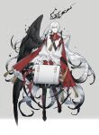  1other absurdres airash androgynous bangs black_eyes black_wings closed_mouth dress feathered_wings full_body halo highres holding holding_suitcase long_hair long_sleeves looking_at_viewer original puffy_sleeves single_wing suitcase tentacle_hair very_long_hair white_hair wings 