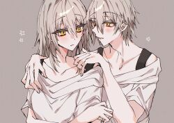  1boy 1girl bare_shoulders blush breasts caelus_(honkai:_star_rail) collarbone commentary_request dual_persona eyelashes fingernails grey_background grey_hair hair_between_eyes hand_on_another's_shoulder hands_up hetero highres honkai:_star_rail honkai_(series) kinona long_hair looking_at_another medium_breasts off-shoulder_shirt off_shoulder selfcest shirt short_hair short_sleeves sidelocks simple_background smile star_(symbol) stelle_(honkai:_star_rail) t-shirt teeth trailblazer_(honkai:_star_rail) upper_body white_shirt yellow_eyes 