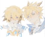  2boys blonde_hair blue_eyes blush brown_hair centurion_(elsword) chung_seiker closed_mouth colored_tips elsword frown linbai22 looking_at_viewer male_focus multicolored_hair multiple_boys shooting_guardian_(elsword) short_hair sketch spiky_hair white_background 