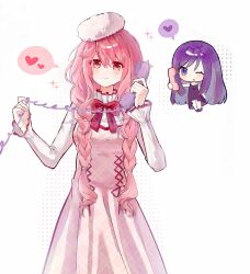  2girls absurdres artist_request bare_arms bare_legs bare_shoulders ben-day_dots beret bloom_poetry_(shining_nikki) blunt_ends bow bowtie braid breasts brown_eyes chibi chinese_commentary closed_mouth collared_shirt commentary_request commission corded_phone cowboy_shot cross-laced_clothes cross-laced_dress dress dress_ribbon eyelashes eyes_visible_through_hair frilled_shirt_collar frilled_sleeves frills fur_hat hair_between_eyes hair_over_shoulder hair_tie happy hat heart high_collar highres holding holding_phone light_blush long_sidelocks long_sleeves looking_at_viewer low_twin_braids medium_breasts multiple_girls nikki_(nikki) nikki_(series) one_eye_closed open_mouth phone pinafore_dress pink_dress pink_hair plaid_clothes plaid_dress pleated_dress purple_dress purple_hair purple_shoes red_bow red_bowtie red_ribbon ribbon screentones second-party_source shining_nikki shirt shoes siblings sidelocks simple_background sisters sleeveless sleeveless_dress sleeves_past_wrists smile sparkle speech_bubble spoken_heart standing straight_hair talking_on_phone twin_braids violet_eyes white_background white_hat white_shirt yoyo_(nikki) 