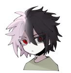  1boy antenna_hair black_eyes black_hair closed_mouth colored_eyelashes commentary_request frown gradient_hair green_shirt heterochromia korean_commentary male_focus multicolored_hair nanami_izu no_nose nu_(qjqmfqjqmf02) pink_hair portrait red_eyes red_pupils saibou_shinkyoku shirt short_hair simple_background solo split-color_hair white_background 
