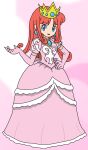  bandmewtwo-007 blue_eyes crown dress earrings gloves jewelry long_hair orange_hair pink_background pink_dress pink_gloves princess_shokora redhead shokora-hime wario_land wario_land_4 