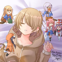  6+girls aikawa_megumi asakura_karen_(heaven_burns_red) box chibi closed_mouth dmc_tales2006 gift gift_box glasses green_eyes heaven_burns_red izumi_yuki kayamori_ruka kunimi_tama lying multiple_girls narby_(heaven_burns_red) on_back on_bed pajamas sleeping slime_(creature) toujou_tsukasa 