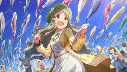  1boy 3girls :d beret breasts brown_hair card_commentary coat commentary_request day dress game_cg green_hat handa_roco hat holding holding_notebook holding_pencil idolmaster idolmaster_million_live! idolmaster_million_live!_theater_days koinobori lapels long_hair long_sleeves multiple_girls notched_lapels notebook official_art open_clothes open_coat open_mouth outdoors pencil plaid_clothes plaid_coat smile solo_focus third-party_source white_dress windsock yellow_coat yellow_eyes 