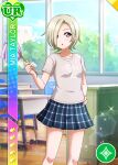  blonde_hair blush character_name love_live!_nijigasaki_high_school_idol_club love_live!_school_idol_festival mia_taylor shirt short_hair violet_eyes 