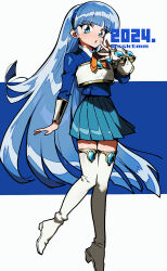  1girl armor artist_name blue_eyes blue_hair blue_hairband blue_jacket blue_skirt boots breastplate commentary dated hairband jacket long_hair looking_at_viewer magic_knight_rayearth pleated_skirt ryuuzaki_umi sasaki_tomomi single_shoulder_pad skirt solo thigh_boots white_boots 