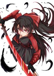  1girl absurdres arm_guards bakuma bandana black_feathers black_gloves black_hair black_skirt breasts commentary feathers fingerless_gloves gloves hair_between_eyes highres holding holding_sword holding_weapon large_breasts long_hair ootachi pleated_skirt ponytail raven_branwen red_bandana red_eyes rwby samurai skirt solo sword weapon white_background 