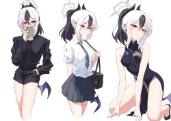  1girl absurdres all_fours arm_at_side armpit_crease bag bare_arms bare_shoulders bat_wings black_hair black_horns black_panties black_shirt black_shoes blue_archive blush breast_pocket breasts china_dress chinese_clothes coffee commentary cosplay cup disposable_coffee_cup disposable_cup dragon_print dress dress_shirt drink drinking earphones earphones earrings expressionless glasses grey_halo hair_between_eyes hair_over_shoulder halo hand_in_pocket hands_on_floor highres hikkio holding holding_drink horns jewelry kayoko_(blue_archive) kisaki_(blue_archive) kisaki_(blue_archive)_(cosplay) kneeling long_sleeves looking_at_viewer loose_necktie low_wings multicolored_hair multiple_views nail_polish necktie office_lady panties pelvic_curtain pocket ponytail red_eyes round_eyewear shirt shoes short_hair short_shorts shorts shoulder_bag skirt small_breasts standing streaked_hair thighs underwear white_hair wings 