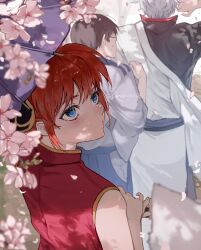 1girl 2boys black_hair blue_eyes bun_cover cherry_blossoms china_dress chinese_clothes closed_mouth dress falling_petals from_behind ginmokusei53 gintama hadanugi_dousa hair_bun highres holding holding_umbrella japanese_clothes kagura_(gintama) kimono looking_to_the_side looking_up multiple_boys oil-paper_umbrella orange_hair outdoors parasol petal_on_nose petals purple_umbrella red_dress sakata_gintoki shimura_shinpachi short_hair sleeveless sleeveless_dress solo_focus spring_(season) twitter_username umbrella upper_body white_hair white_kimono