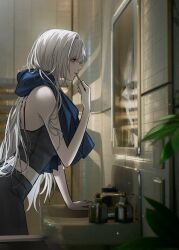  1girl arm_support bare_shoulders bathroom black_camisole black_pants blurry blurry_foreground bottle brushing_teeth camisole faucet from_side highres leaning_forward long_hair midriff mirror original pale_skin pants plant shuu_117 sink towel towel_around_neck white_hair yoga_pants 