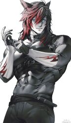  1boy abs absurdres animal_ears artist_name belt black_belt black_hair black_pants black_shirt blue_eyes cat_boy cat_ears final_fantasy final_fantasy_xiv fingerless_gloves gloves harness highres large_pectorals long_hair looking_at_viewer male_focus messy_hair miqo'te multicolored_hair muscular muscular_male pants pectoral_cleavage pectorals red_hair red_tattoo scar scar_on_arm shirt simple_background sleeves_rolled_up smile upper_body warrior_of_light_(ff14) watermark white_background 