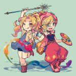  2girls art_brush blonde_hair dress final_fantasy final_fantasy_v final_fantasy_vi full_body hat krile_mayer_baldesion long_hair looking_at_viewer multiple_girls open_mouth paintbrush ponytail relm_arrowny short_hair simple_background smile strapless sunagimo_(nagimo) weapon 