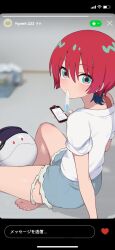 1girl amate_yuzuriha barefoot blue_eyes campbell_xx cellphone gundam gundam_gquuuuuux haro highres looking_at_viewer non-web_source phone red_hair short_hair shorts sitting social_media_composition 