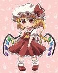  1girl ascot bangs blonde_hair candy closed_mouth crystal doughnut finger_to_mouth flandre_day flandre_scarlet food food-themed_background full_body hat hat_ribbon highres ice_cream_cone looking_at_viewer milkshake mob_cap one_side_up pink_background rainbow_order red_eyes red_footwear red_ribbon red_skirt red_vest ribbon rokugou_daisuke shirt skirt smile standing touhou vest white_headwear white_legwear white_shirt wings yellow_ascot 