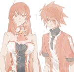  1boy 1girl ? brother_and_sister closed_mouth elesis_(elsword) elsword elsword_(character) grand_master_(elsword) highres jacket linbai22 long_hair looking_at_viewer red_eyes redhead shirt short_hair siblings sketch sleeveless sleeveless_shirt sword_knight_(elsword) turtleneck white_background 
