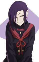  1girl absurdres bell black_sailor_collar black_serafuku braid braided_ponytail chikujouin_magane commentary earrings highres jewelry jingle_bell knew_nothing long_bangs long_hair looking_at_viewer purple_background purple_hair re:creators red_rope rope sailor_collar school_uniform serafuku sharp_teeth solo teeth torii_earrings two-tone_background white_background yellow_eyes 