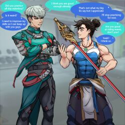  2boys absurdres asymmetrical_gloves bare_shoulders belt black_bodysuit black_eyes black_hair black_pants black_shorts blue_belt blue_tank_top bodysuit brown_eyes clothes_around_waist collarbone commentary covered_abs covered_pectorals crossed_arms dialogue earrings elbow_gloves english_commentary eye_contact fingerless_gloves gloves green_eyes green_jacket hair_bun highres holding holding_polearm holding_staff holding_weapon indoors jacket jade_(gemstone) jewelry littalechuguita looking_at_another male_focus mechanical_arms mizuki_(overwatch) multiple_boys muscular muscular_male necklace overwatch pants pectorals pelvic_curtain pendant polearm rectangular_earrings sash serious short_hair shorts sidepec single_earring single_elbow_glove sleeveless sleeveless_bodysuit smile speech_bubble staff tank_top tight_clothes topknot uneven_gloves weapon white_hair wuyang_(overwatch) yaopei 