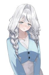  absurdres black_hair blush braid clothing_cutout covered_navel dress green_eyes grey_hair hair_between_eyes highres jewelry multicolored_hair necklace open_mouth original pencil_dress soya_(torga) tight_clothes twintails white_dress 