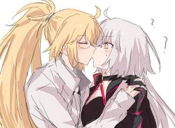  2girls ? ahoge black_choker black_jacket blonde_hair blush breasts choker closed_eyes commentary competition_swimsuit criss-cross_halter cropped_torso dual_persona fate/grand_order fate_(series) from_side hair_between_eyes hair_ornament halterneck hand_up high_ponytail highres holding_hands jacket jeanne_d'arc_(fate) jeanne_d'arc_(swimsuit_archer)_(second_ascension)_(fate) jeanne_d'arc_alter_(fate) jeanne_d'arc_alter_(swimsuit_berserker)_(fate) kiss long_hair long_sleeves looking_at_another medium_breasts multiple_girls nekwnek one-piece_swimsuit open_clothes open_jacket open_shirt ponytail puffy_long_sleeves puffy_sleeves selfcest shirt simple_background surprise_kiss surprised sweatdrop swimsuit untranslatable_commentary upper_body white_background white_hair white_one-piece_swimsuit white_shirt wide-eyed yellow_eyes yuri 