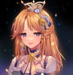  1girl absurdres bangs blonde_hair blue_eyes brooch closed_mouth commentary crown hair_ornament highres jewelry long_hair looking_at_viewer neck_ribbon orange_sekaii original petals portrait ribbon solo white_ribbon 