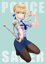  1girl ahoge artoria_pendragon_(fate) baton_(weapon) blonde_hair blush braid cuffs fate/stay_night fate_(series) green_eyes hair_bun hair_ribbon hairband handcuffs highres holding holding_handcuffs looking_at_viewer metal_hairband pantyhose pencil_skirt police police_uniform policewoman ribbon saber_(fate) shirotsumekusa short_hair skirt smile solo weapon 