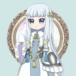  1girl aqua_background blue_eyes blunt_bangs chain closed_mouth diox frilled_sleeves frills gold_chain gold_trim grey_hair grimms_notes hair_ornament hand_up long_hair looking_at_viewer protected_link shaman_of_the_mirror_(grimms_notes) solo standing tassel very_long_hair wide_sleeves 