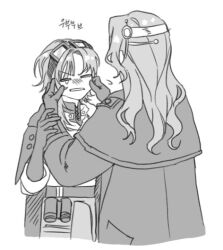  2girls =_= braces cheek_pinching cloak coat commentary_request facing_another from_behind gloves goggles goggles_on_head greyscale hands_on_another's_cheeks hands_on_another's_face jacket korean_commentary long_hair medium_hair merel_(reverse:1999) monochrome mulkkachi multiple_girls pinching reverse:1999 tearing_up tooth_fairy_(reverse:1999) white_background 
