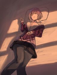  1girl absurdres bow bowtie breasts collared_shirt grey_pantyhose gridman_universe hand_up highres jacket jiso_(zckw8845) large_breasts long_sleeves looking_at_viewer lying on_back open_mouth pantyhose partially_unzipped pillow pink_bow pink_bowtie pleated_skirt purple_hair purple_jacket red_eyes school_uniform shinjou_akane shirt shoes short_hair skirt sleeves_past_wrists smile solo ssss.gridman waving white_background white_shirt 