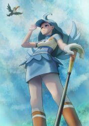  1girl ahoge bird blue_eyes blue_hair blue_hat blue_skirt collared_shirt commentary_request flipped_hair golf_club hat highres holding holding_golf_club kahili_(pokemon) long_hair mole mole_under_eye orange_socks pencil_skirt pokemon pokemon_(creature) pokemon_sm sadamaraas shirt short_sleeves skirt socks solo_focus striped_clothes striped_shirt toucan toucannon visor_cap 