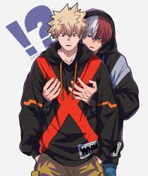  !? 2boys bakugou_katsuki blonde_hair blue_eyes blue_pants boku_no_hero_academia brown_eyes brown_pants burn_scar commentary_request cowboy_shot denim double-parted_bangs hair_between_eyes hands_in_pockets hands_on_another's_chest heterochromia highres hood hood_down hood_up hoodie jeans long_sleeves looking_down male_focus multiple_boys open_mouth pants red_eyes red_hair salt_-_siomsb scar scar_on_face short_hair spiky_hair todoroki_shoto white_background white_hair 