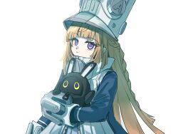  1girl bangboo_(zenless_zone_zero) blonde_hair blue_jacket closed_mouth commentary_request gloves grey_hat hat highres jacket kanisakiclub large_hat long_hair looking_at_viewer norma_(zenless_zone_zero) simple_background solo violet_eyes white_background white_gloves zenless_zone_zero 